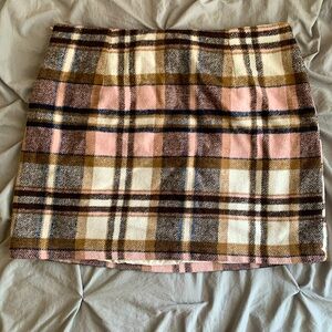 iO Pink and Brown Plaid Wool Blend Mini Skirt Winter Skirt